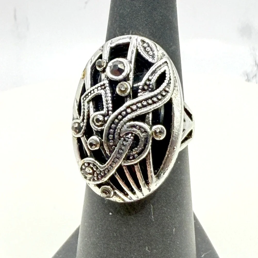 Music Note Treble Cleff Ring Black Stone Musician Gift‎ Size 6 New See VIDEO
